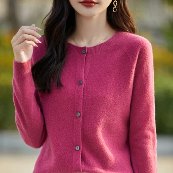 Novas mulheres 30% lã merino camisola o pescoço manga longa básico graça cardigan primavera outono escritório senhora roupas moda topos