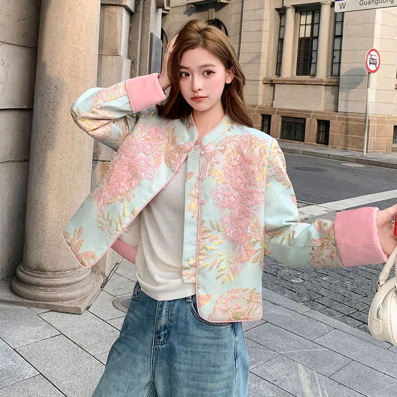 

New Chinese style jacquard small stand collar short 90 white duck down down jacket women winter 2025 new embroidered jacket
