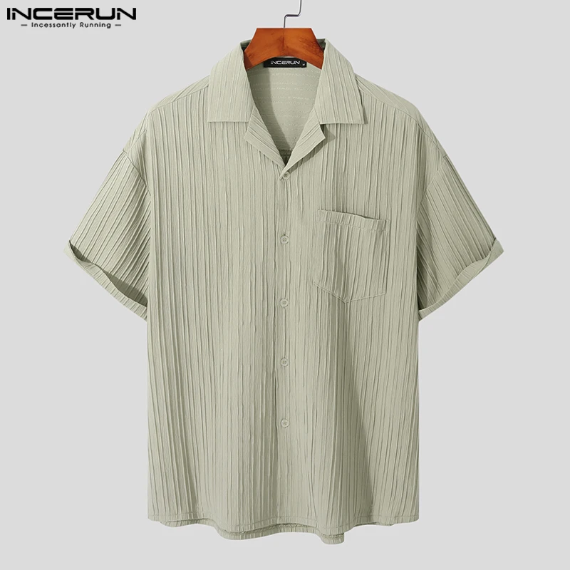 INCERUN Men Shirt Folds Striped Lapel Short Sleeve Button Korean Casual Shirts 2024 Streetwear Summer Leisure Men Clothing S-5XL