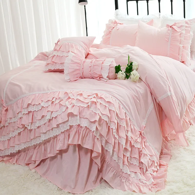 Super Luxury cake layers Ruffle Lace bedding set duvet cover Julliette Dream Queen pink bedding sets bed sheet bowknot bed set