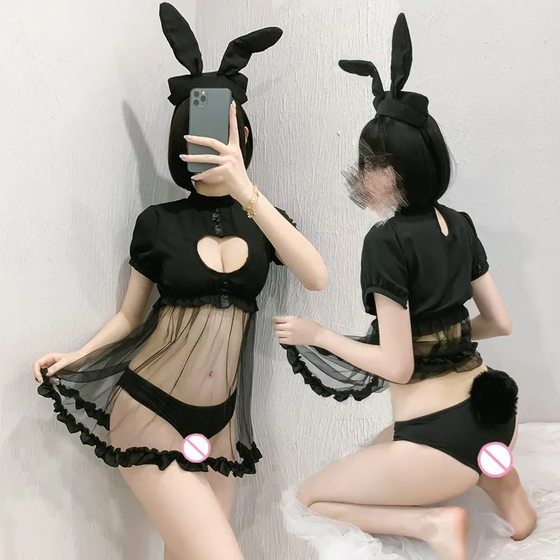 

Women Cute Sexy Lingerie Suit With Tail Lolita Rabbit Nurse Uniform Love Heart Hollow Out Perspective Nightdress Bunny Girl