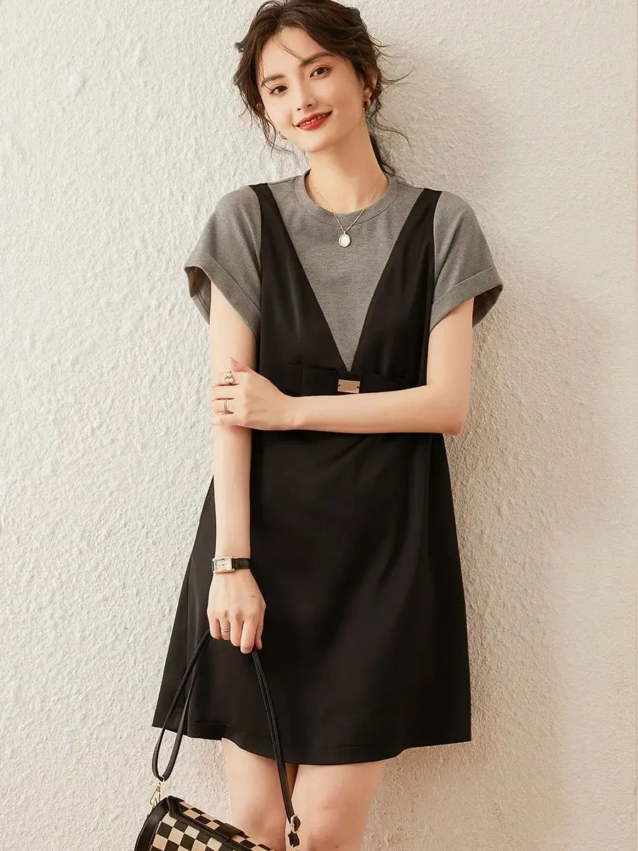 LOUIS YAO Women Dress Contrast Color Loose Fit A-line Knee-length Round Neck Short Sleeve Bow Office Lady Black Dress