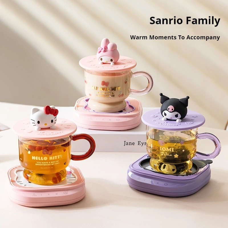 2025 New Sanrio Pochacco Kuromi Melody Heating Warmed Water Cup Mat Set Anime Cinnamoroll Water Cup Ornaments Gift Box For Girls