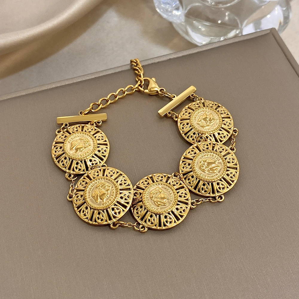 

Freetry Vintage Geometric Stainless Steel Wide Bracelet for Women Ethnic Style Statues Coin Charm Bracelet Waterproof Jewelry