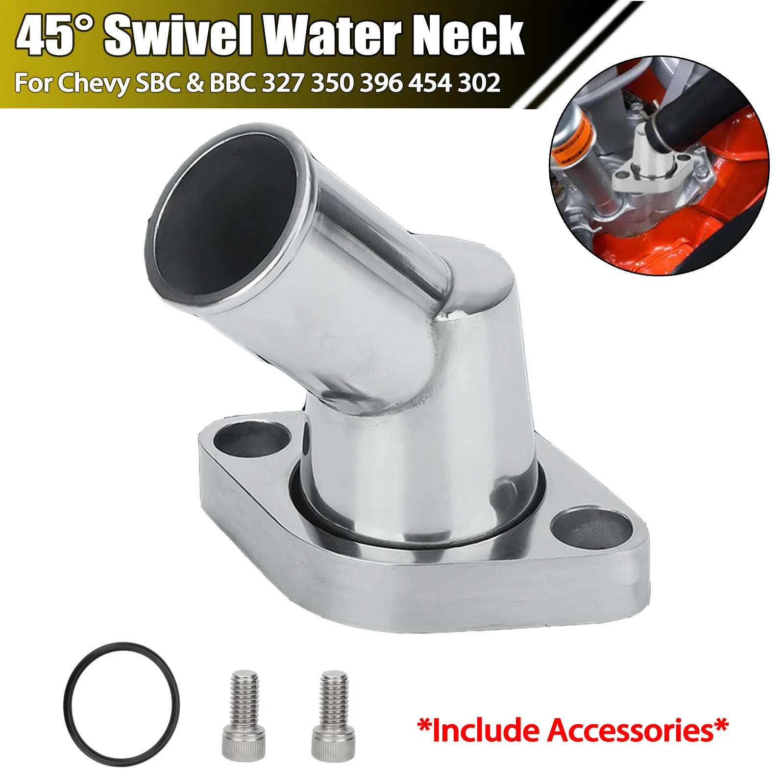 

Aluminum Water Neck 45° Swivel Polished With Screws And Sealing Ring For Chevy SBC BBC 327 350 396 454 Engine