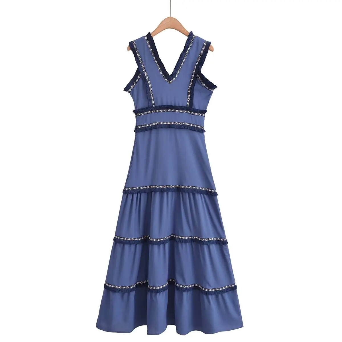 TRAF 2024 Pleated Midi Dress Women Blue Patchwork Long Dress Woman Wide Sleeve Women's Summer Dress Tassel Holiday Female Dress