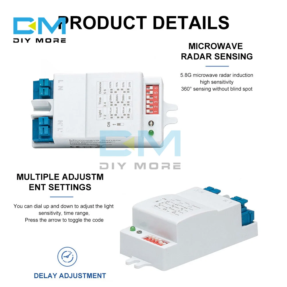 AC 220-240V 5.8GHz Microwave Radar Sensor Switch Body Motion Detector For LED Light Sensors Switches