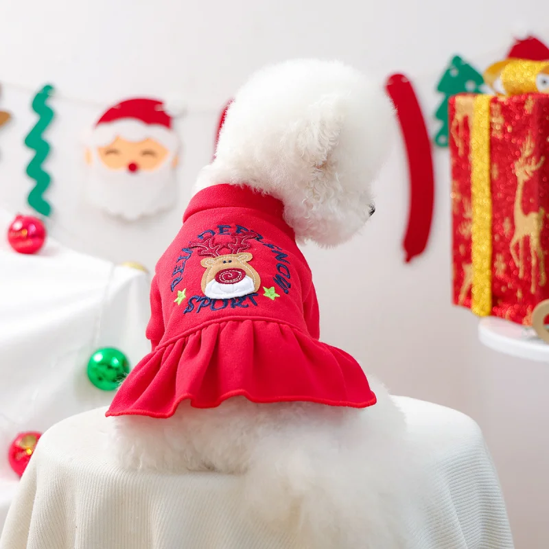 

2025 Autumn Winter Pet Dog Cat Dress Cupid Reindeer Holiday Outfit, Cute Puppy Girl Christmas Party Gown Festive Clothing