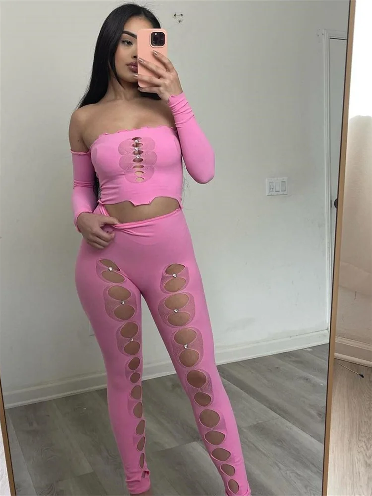 Sexy 2 Two Piece Sets Hollow Out Women Long Sleeve Crop Top+High Waist Pants Suits diamond Pink Black Matching Outfits 2024