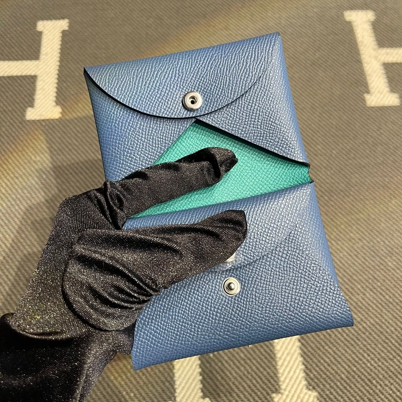 Genuine Leather Key Coin Document Wallets Practical Card Holder Verona Green Marble Blue Contrast Stitching Leather Goods