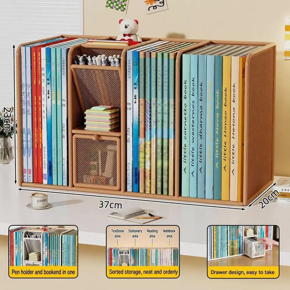 Metal Desk Book Rack Mesh Structure Pull-Out Drawers Desk Stationery Organizer with Pen Holder and Pull-Out Drawers