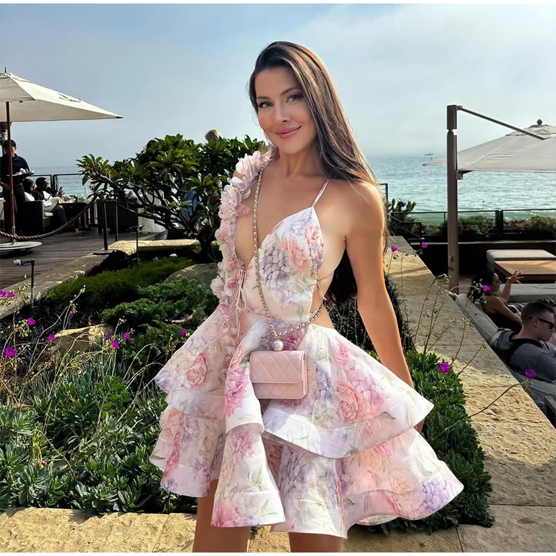 

Cross-border European and American style 2026 summer new women's fashion printed backless short dresses, sexy