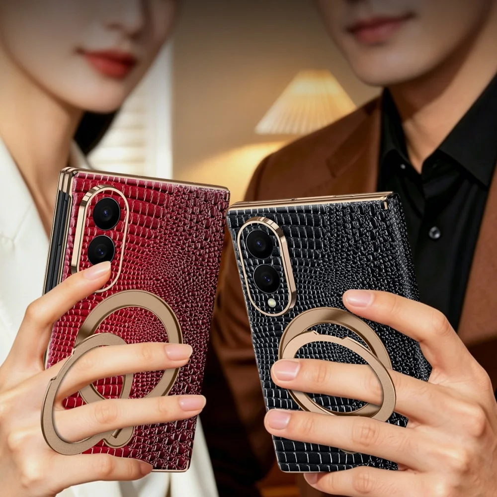 Premium Genuine Cowhide Leather Flip Case For Samsung Galaxy Z Fold 8 Ultra 7 Fold8 Glossy Crocodile Pattern Ring Bracket Cover