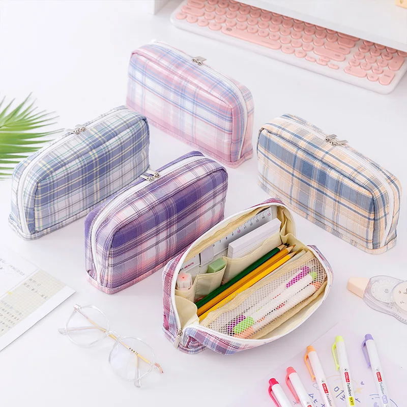 Minimalist Grid Style Pencil Cases Large Capacity Canvas Pen Bags Creative Cute Stationery Boxes Back To School Supplies