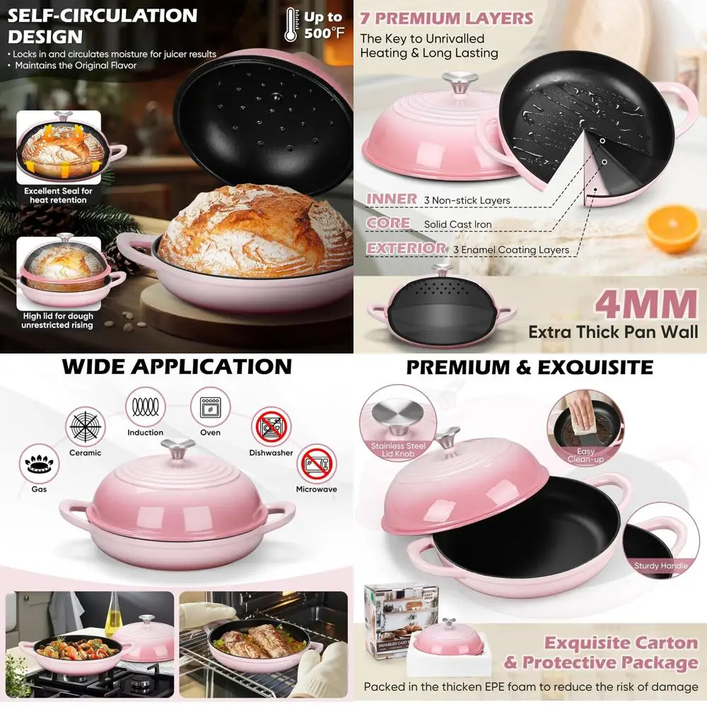 

Enameled Cast Iron Dutch Oven, 5.5 QT, for Sourdough Baking, Heavy Duty Handles, Non-Stick, Oven-Safe to 500°F, Pink