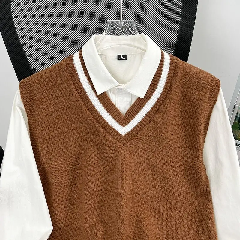 Men's Knitted Vest Sweater Preppy Style Color Matching Stripes Casual Sleeveless Pullover V-Neck Loose Couple Layering Waistcoat view 4