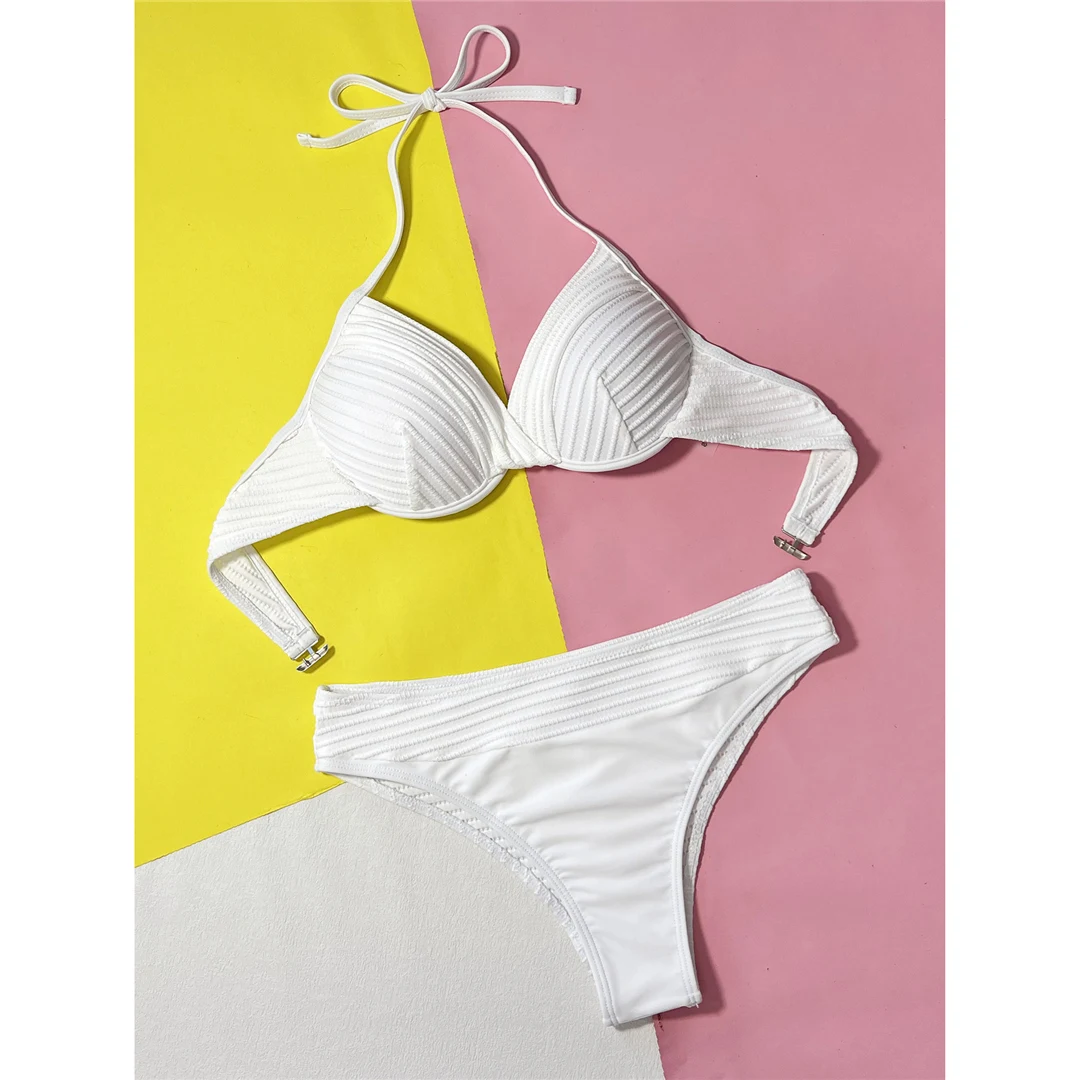 Gefalteter Neckholder-Bikini mit Bügel, Damen-Badebekleidung, zweiteiliger Bikini-Set, mittelhoher Bund, Badeanzug, Badebekleidung, Schwimmbekleidung V5440 – Detail 15
