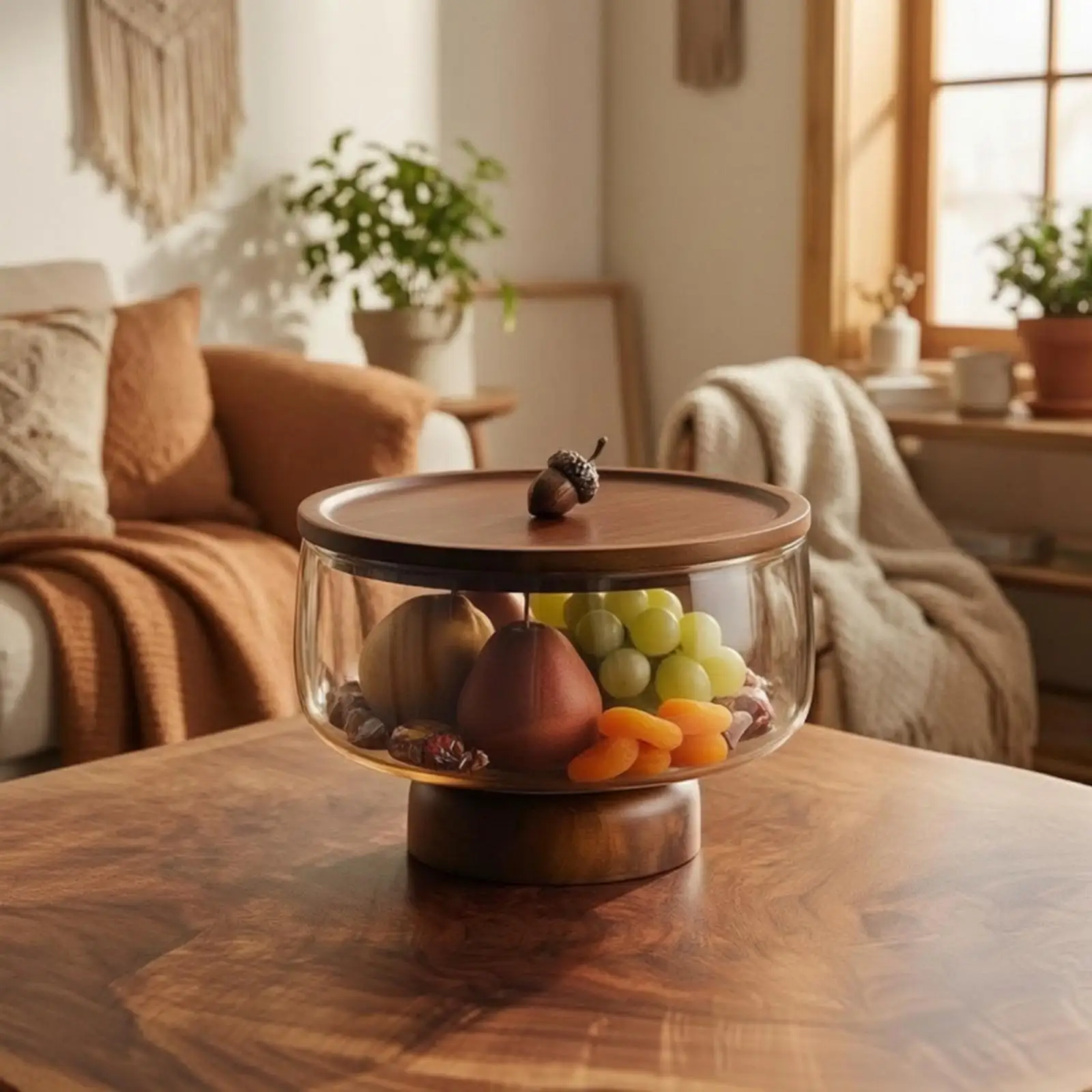 Acacia Wood Handle Glass Serving Bowl with Honey Tone for Living Room Decor