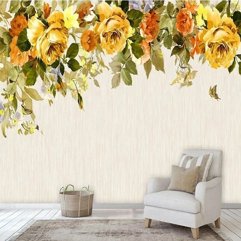 European And American Elegant Hand-Painted Yellow Pastoral Flowers And Floral Wall Paintings For TV Hotel Background