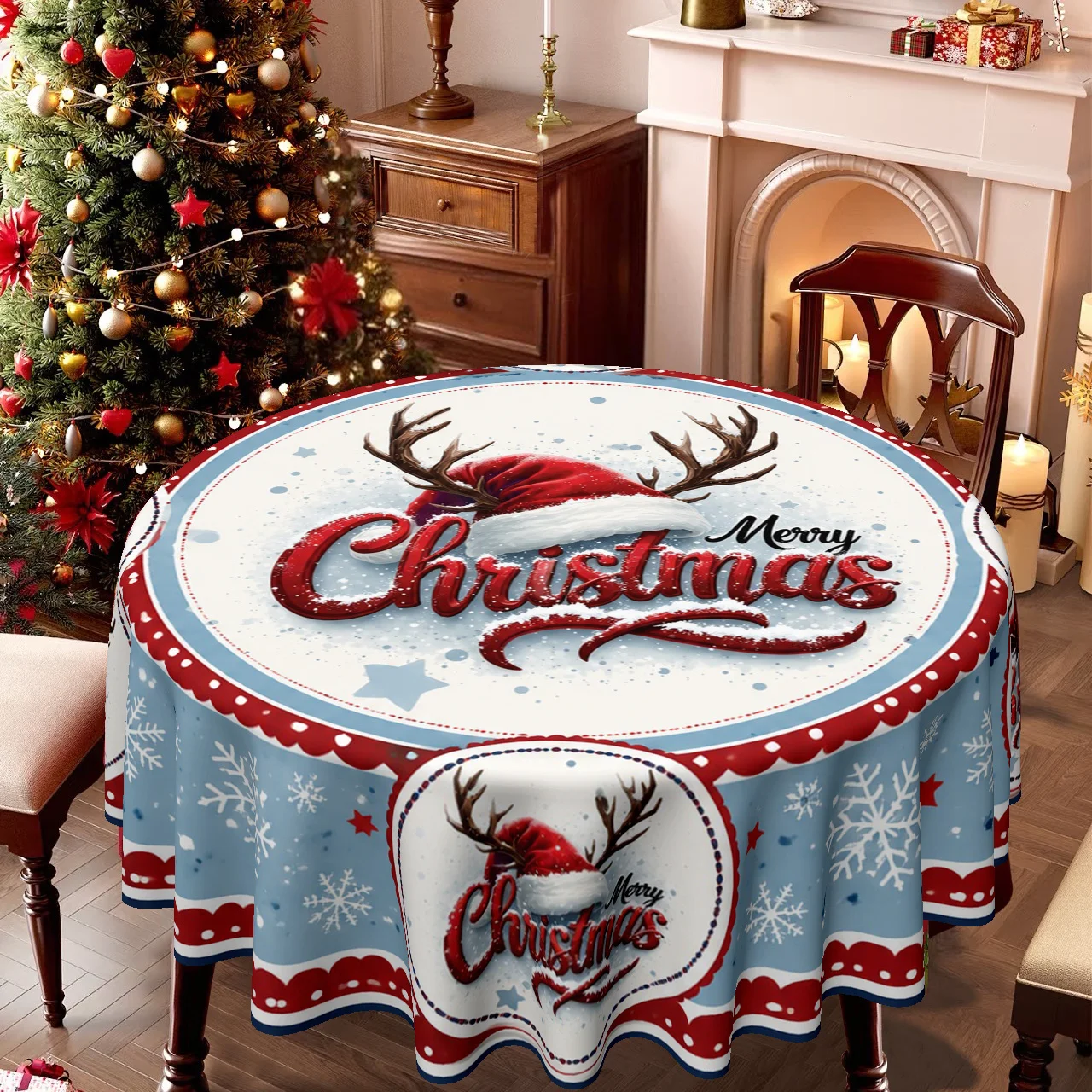 1 tablecloth, Christmas theme, reindeer antler tablecloth with Christmas hat pattern, suitable for family kitchen dining room
