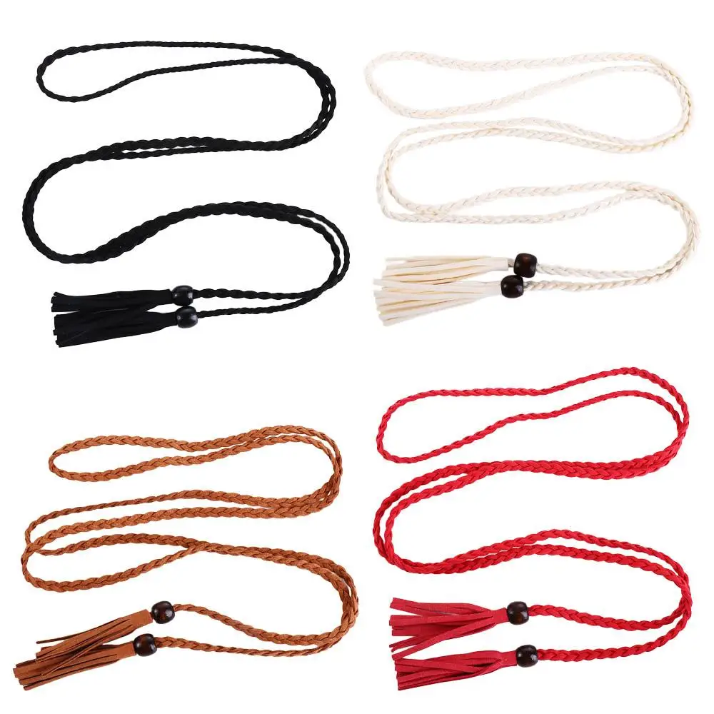 

Retro Unique All-match Bohemian Thin Belts Wooden Bead Women Waist Chain Braided Tassel Belt Ethnic Style Belts Waist Rope