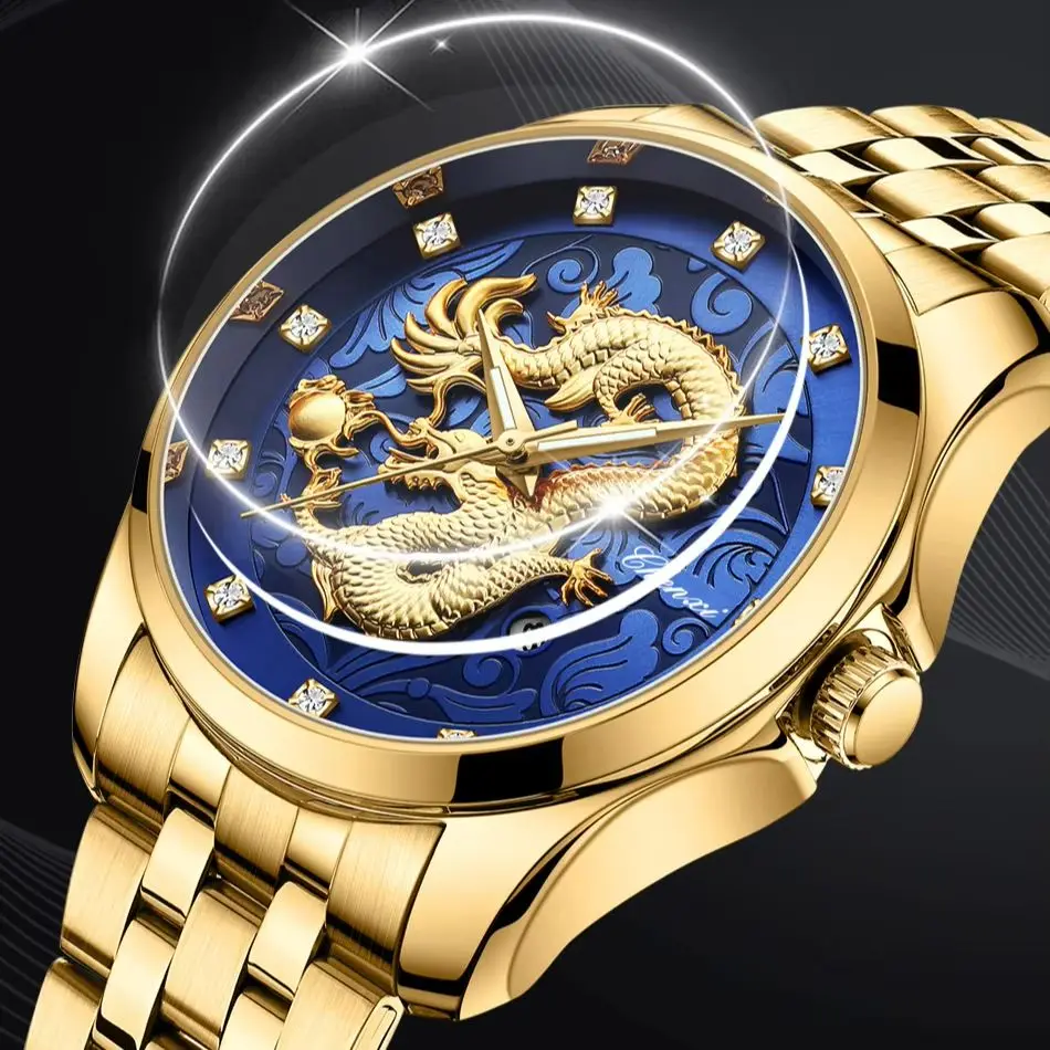 Creative Mens Quartz Wristwatch Dragon Carved Stainless Steel Strap Luminous Hands Fashion Business Watch Male Bracelet