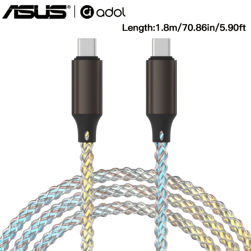 Cable de datos ASUS con carga rápida, RGB, luz degradada luminosa, cargador de 66W TYPE-C para iPhone 15, Xiaomi, Samsung, cable PD