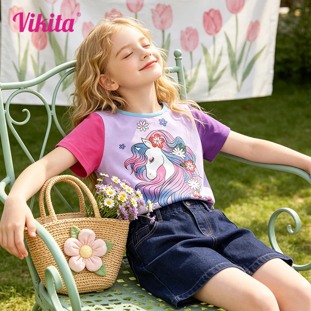 VIKITA Girls Cute Unicorn Flower Print Color Block Short Sleeve Cotton Casual Tops and Tees Kids Lavender Summer T Shirts