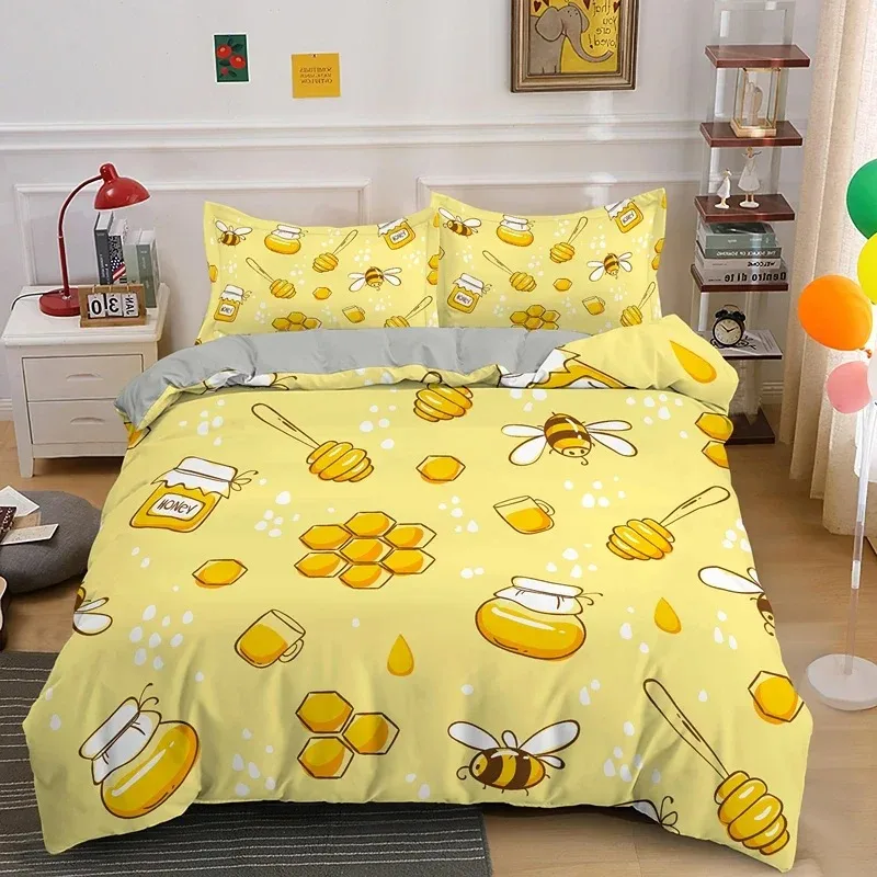 Cute Cartoon Bee Duvet Cover King Queen Sweet Honey Bedding Set Kids Boys Girl Spring Yellow Flying Insect Polyester Quilt Cover