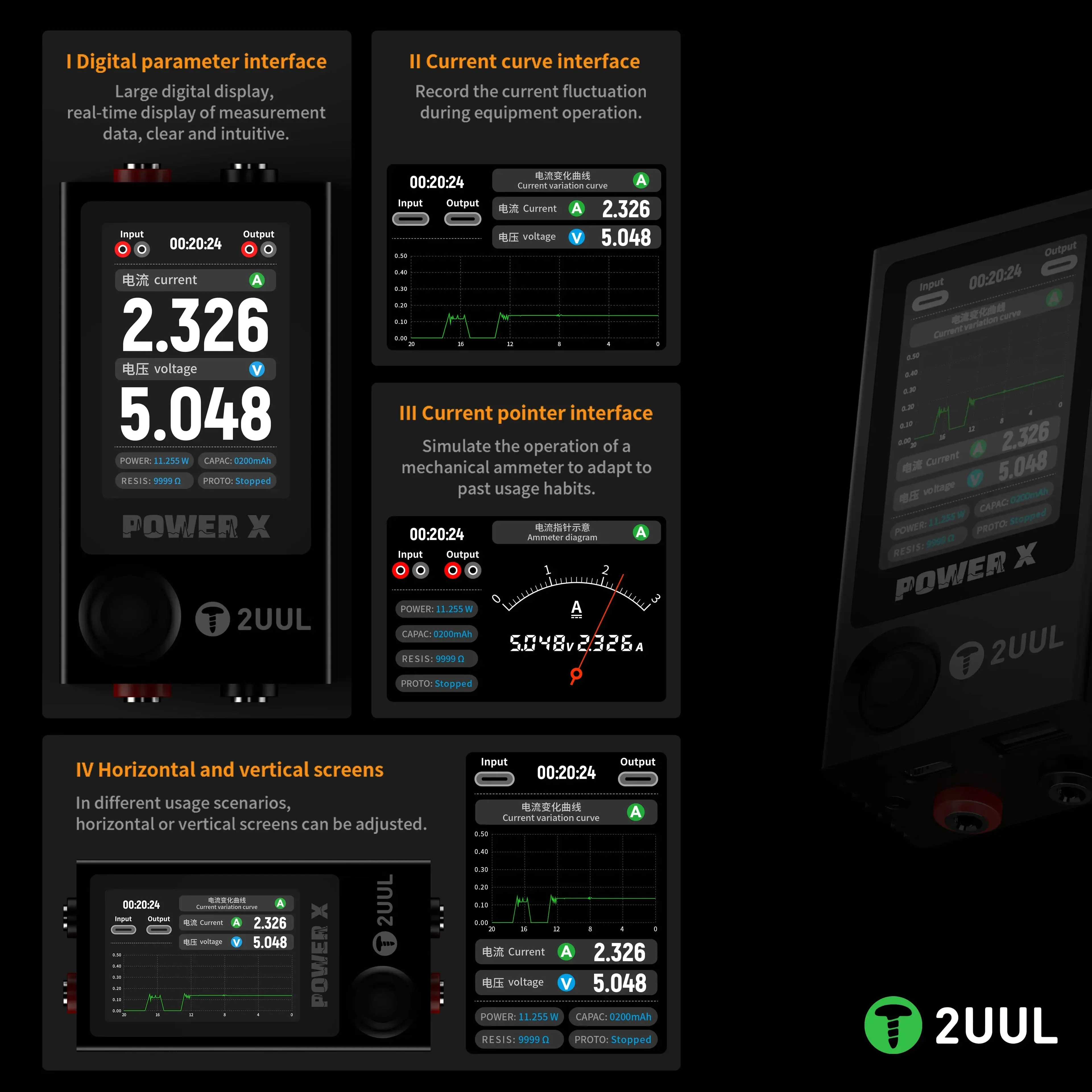 2UUL New PW11 Power X High Refresh Screen Ampere-Voltage Meter Digital Display Multi Mode Operation, Integrated Heat Dissipation