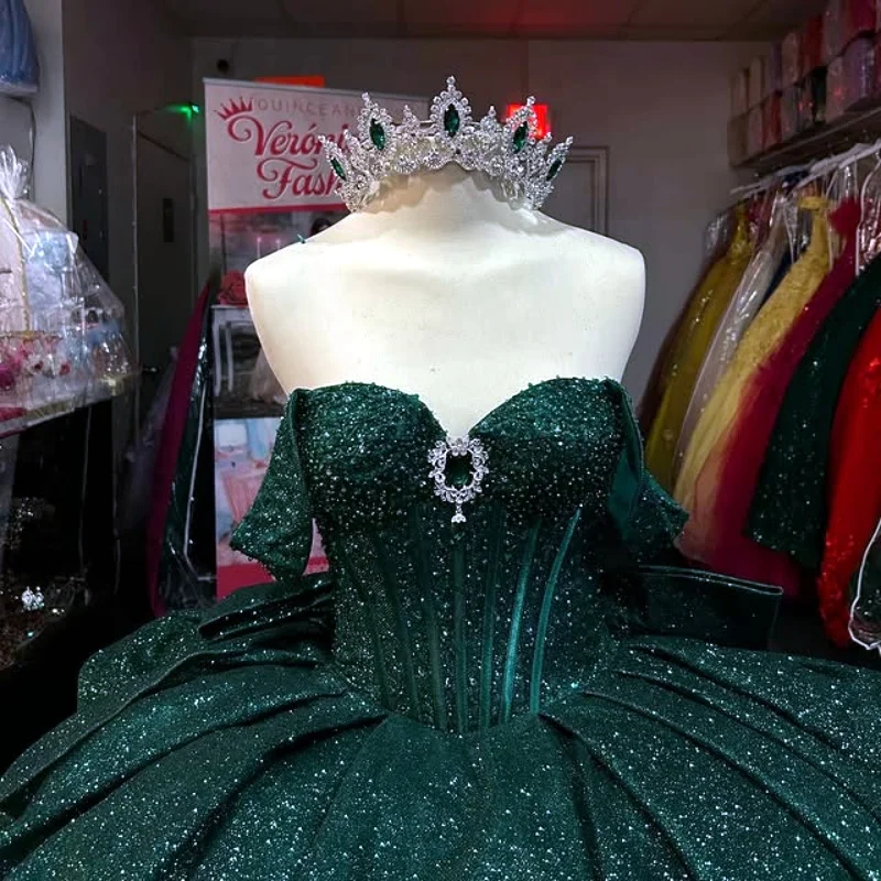 

Customized Shiny blackish green Quinceanera Dresses Off the Shoulder crystal applique Lace Bow Long tail Vestido 15 Quinceanera