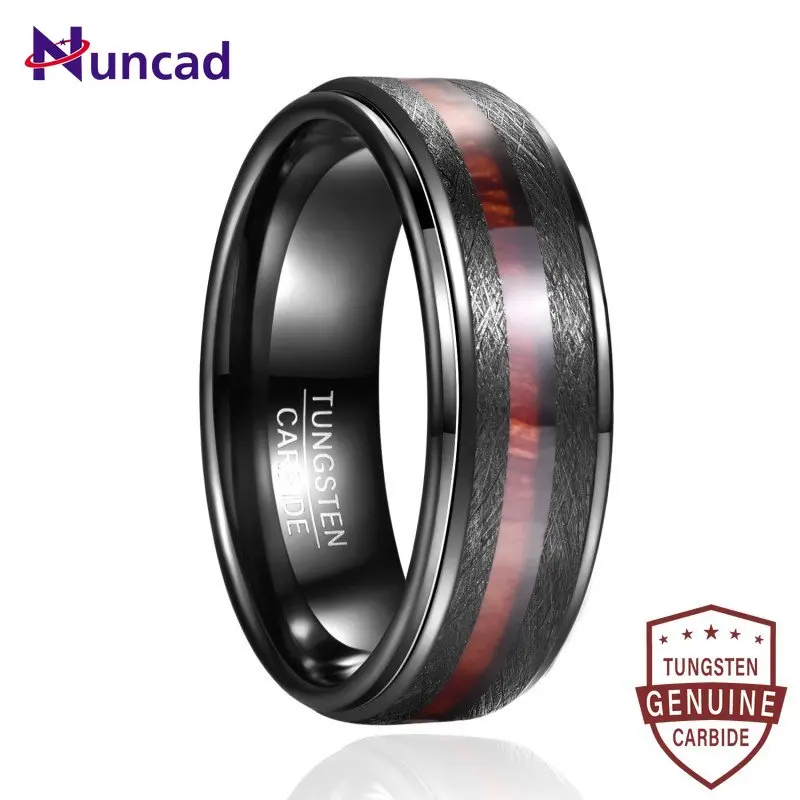 8mm Electroplated Black Finish Lasa Inlaid Wood Grain Edge Steps Men Tungsten Carbide Wedding Rings Polished Comfort Fit Gift