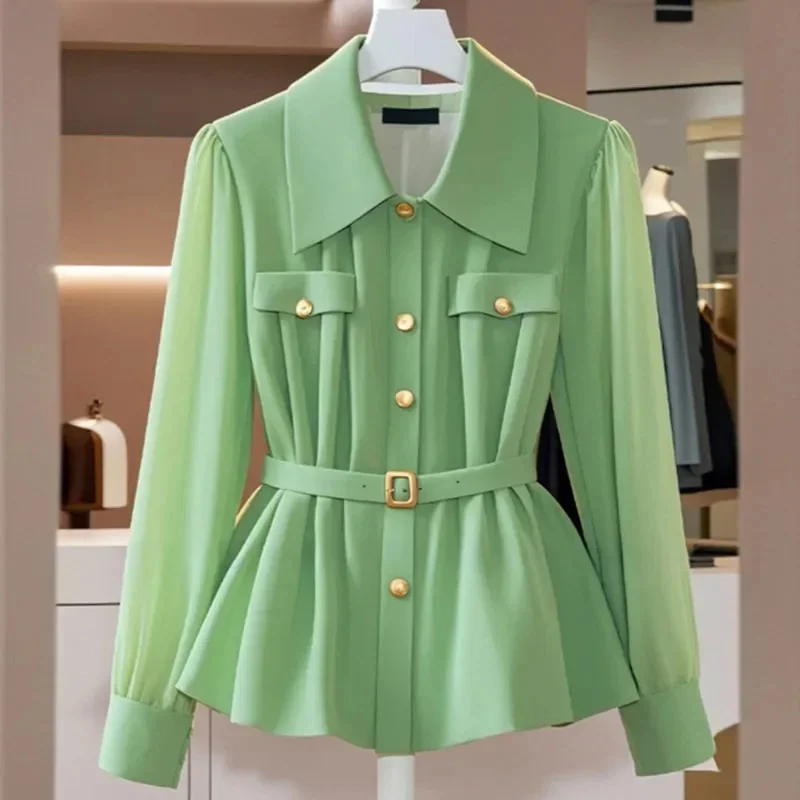 

2025 Spring/Summer Women Shirt New Solid Color Single Breasted Long Sleeved High-End Chic Tops Female Blouse Ladies Shirt Green