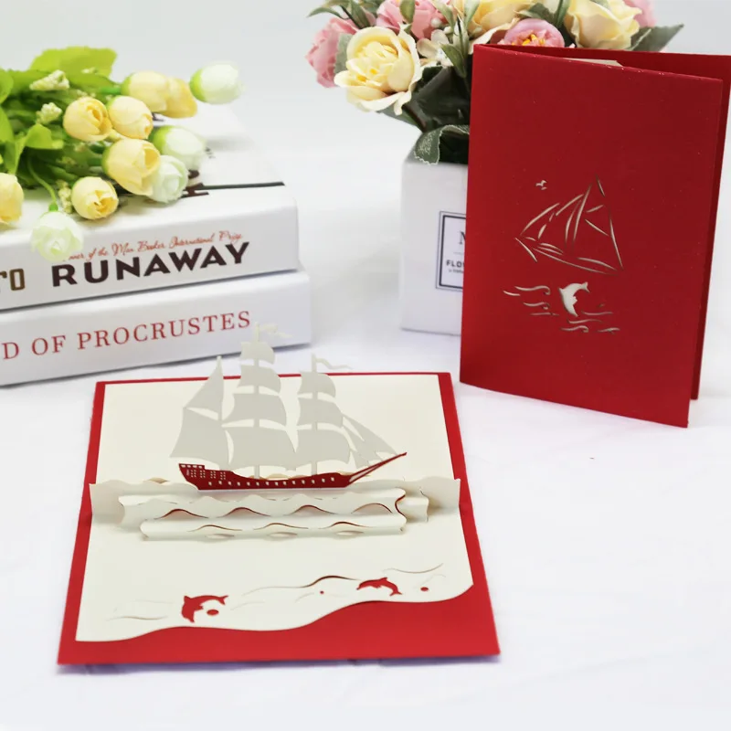 

3D Pop UP Card Happy Birthday Greeting Invitation Card Laser Cut Gift Thank You Cards Sailboat Miniatures Postcard With Envelope