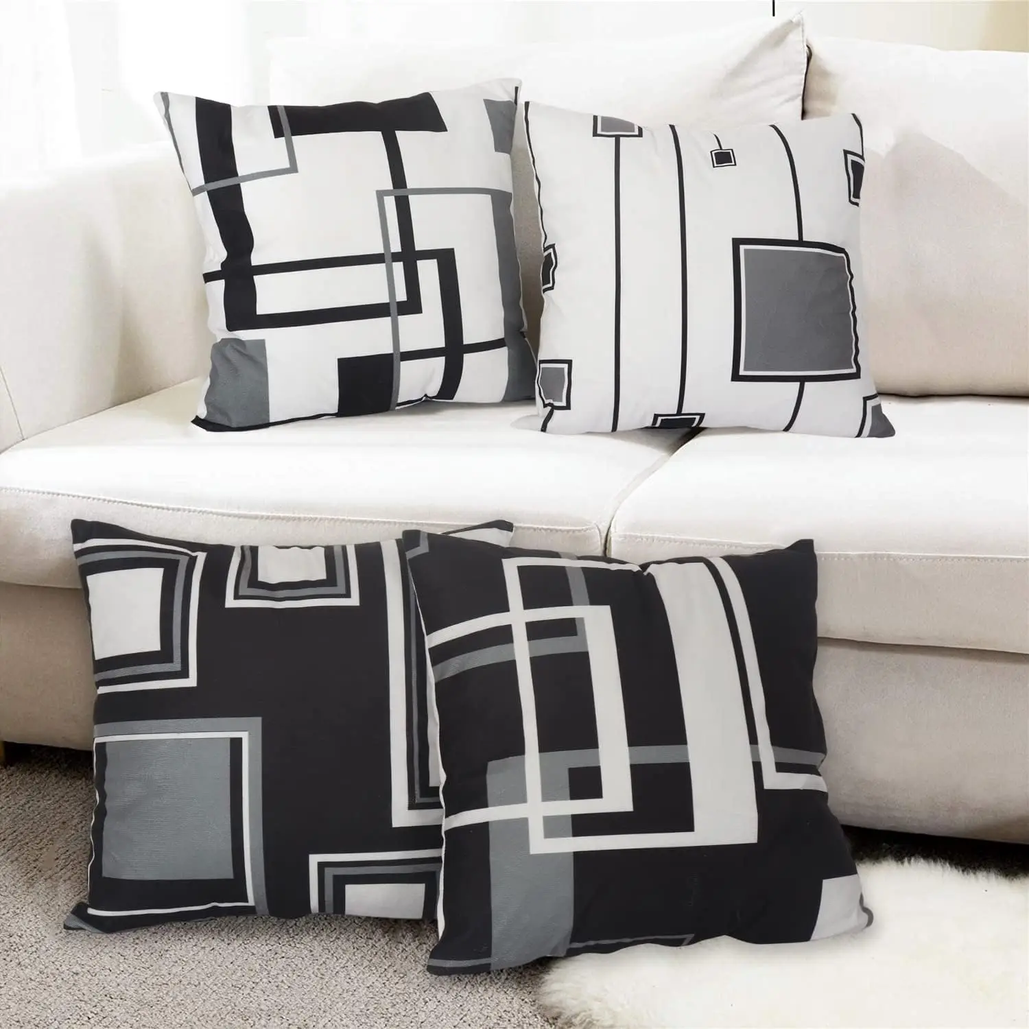 4pcs Black White Grey Geometric Cushion Covers, Modern Abstract Pillow Cases for Sofa Bedroom Living Room Home Decor 45x45cm