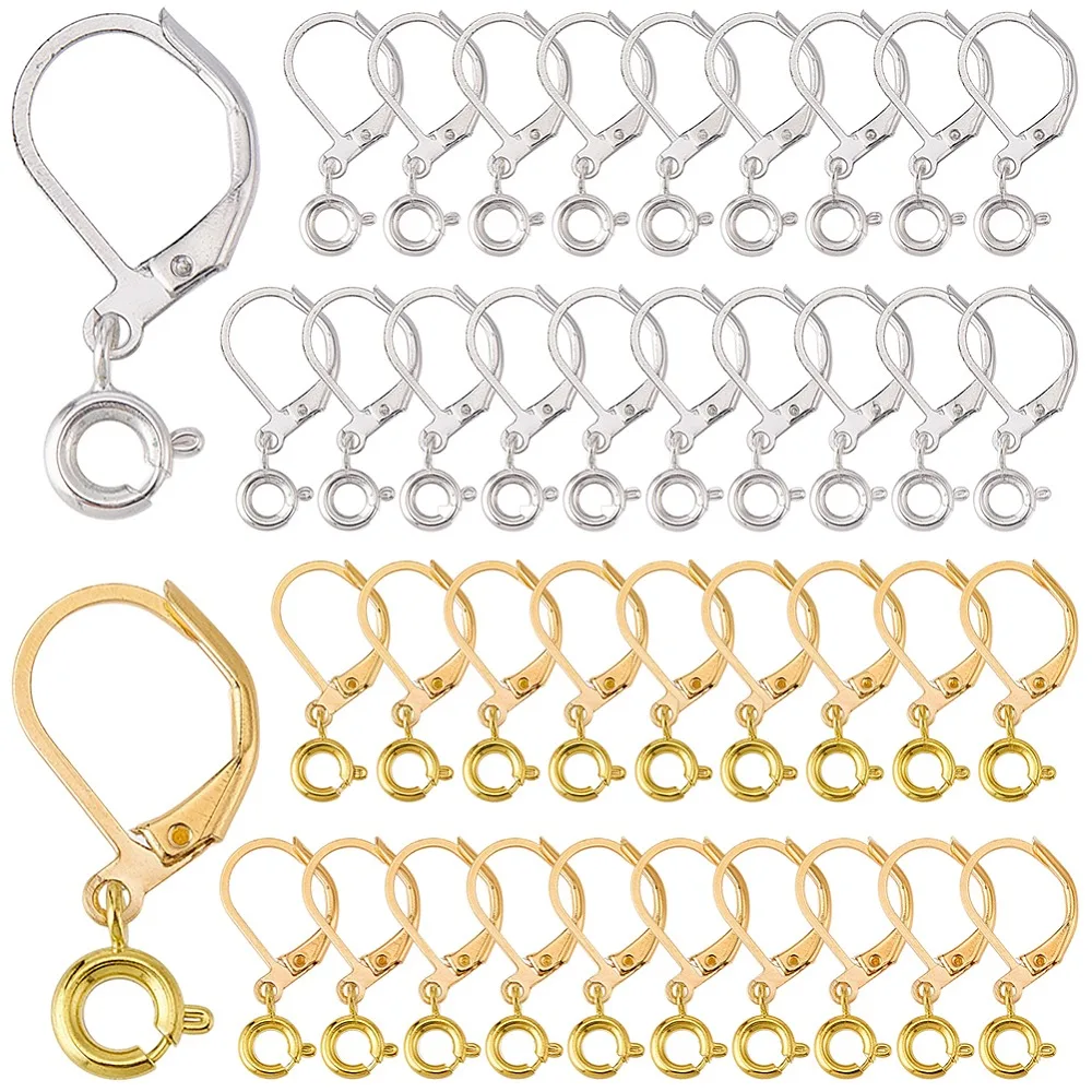 

20 Pairs 2 Colors Brass Leverback Earring Findings with Spring Ring Clasps Platinum Golden 23x11mm Pin: 0.8mm 10 pairs/color