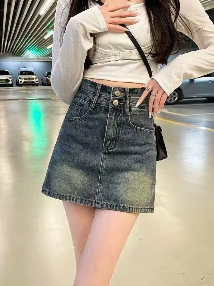 

Women's Vintage Denim A Line Bodycon Short Skirt 2026 Summer New Arrival Trendy Modest Ins Style Dopamine Color