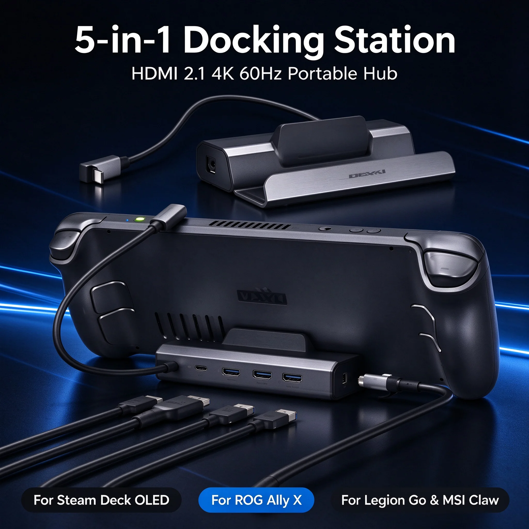 Multifunctional 5 in 1 Steam Deck Docking Station, HDMI2.1 4K 60Hz Portable Hub for ROG Ally X Legion Go MSI Claw Game Console