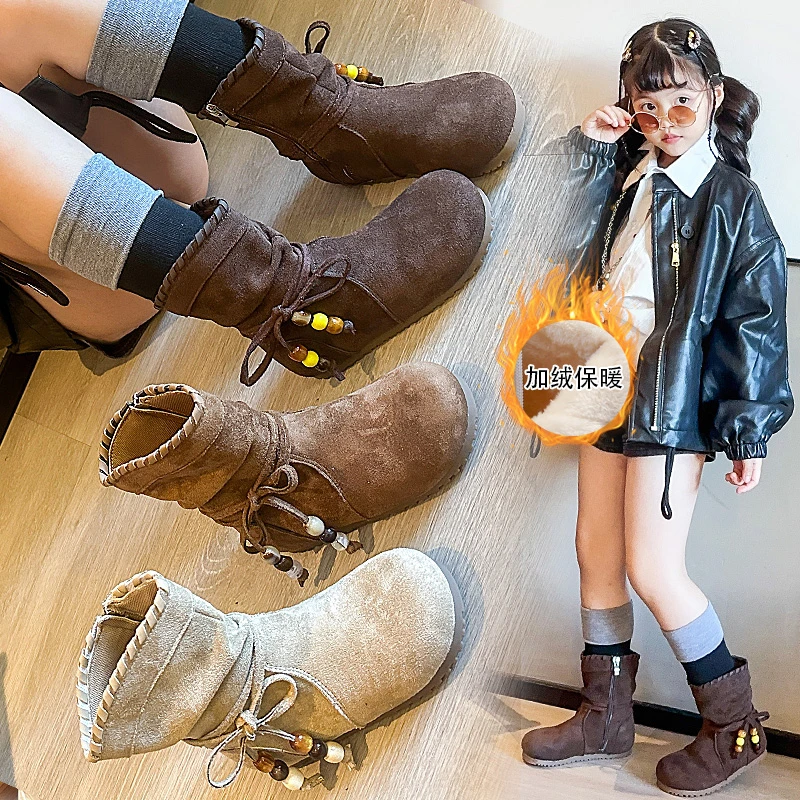 

Кожаные сапоги в стиле ретро для девочек, осенне-зимние новые детские сапоги средней длины с мягкой подошвой для девочек, детские зимние сапоги