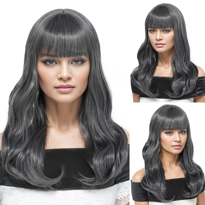 

European American women's fashion long curly hair wig in granny gray with fluffy waves