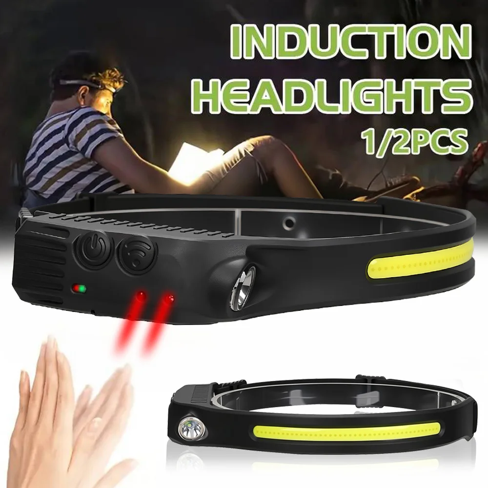 

LED COB Induction Headlamp USB Rechargeable Light with Built in Battery Multiple Lighting Modes Lamp for Outdoor Camping Fishing