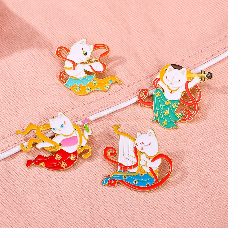 Creative Dance Cat Enamel Brooch Harp Lute Flute Blown Lotus Art Dance White Cat Metal Cartoon Badge Punk Lapel Pin Jewelry Gift