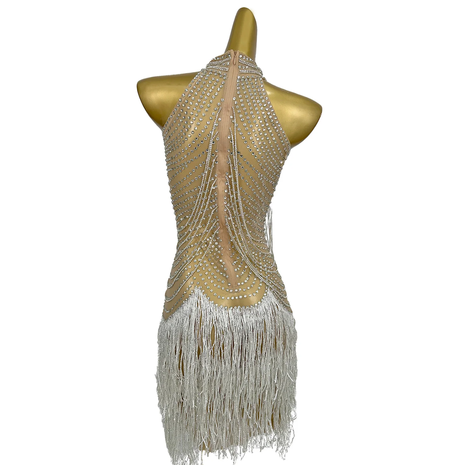 ชุดมินิเดรสตาข่ายซีทรูประดับพู่และคริสตัลวิบวับ สำหรับงานแสดงโชว์ ปาร์ตี้ไนต์คลับ การแสดงบนเวที ชุดเต้นเซ็กซี่ Wanyueliusu