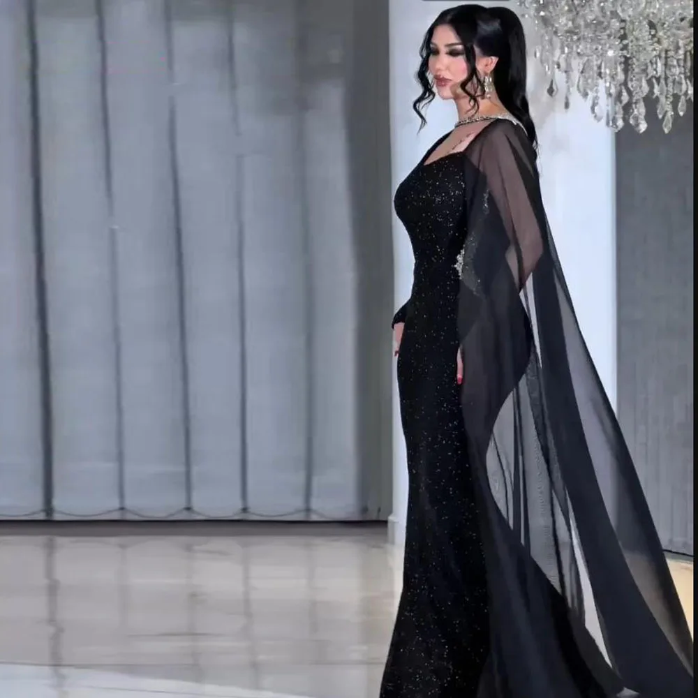 여성을위한 쉬폰 목도리 불규칙한 넥 라인 싱글 슬리브 갈라 드레스와 맞춤형 반짝이 이브닝 드레스 Balck Mermaid Gown