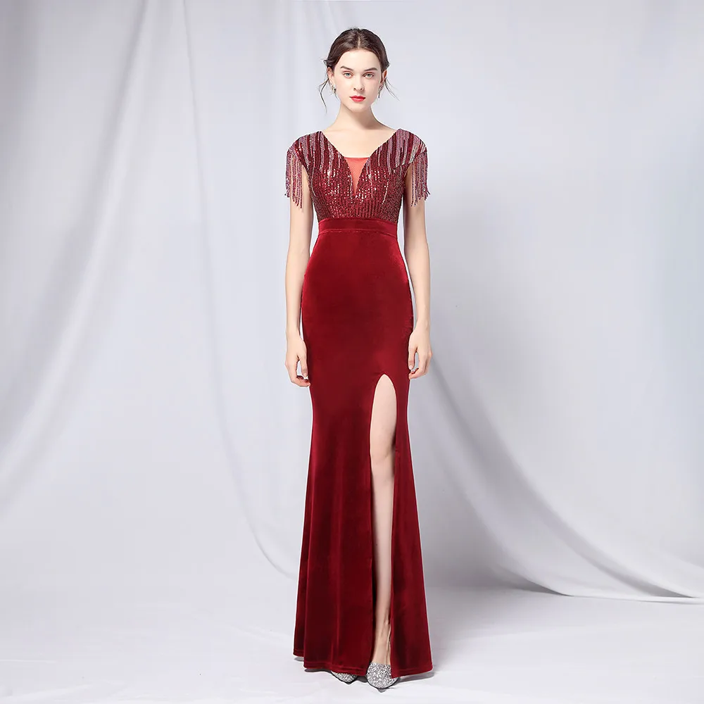 

Charming Burgundy Plus Size Evening Dress Chic Sequined Mermaid Crystals Velour Long Formal Gowns For Prom Vestido De Festa