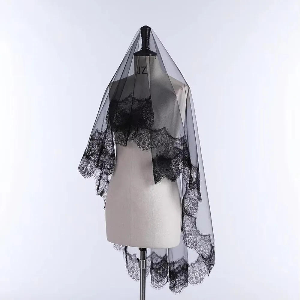 Elegante Velo de Novia de Una Capa con Ribete de Encaje Negro, Velo Mantilla, Accesorios para el Cabello, Velo de Boda Transparente, Disfraz de Halloween