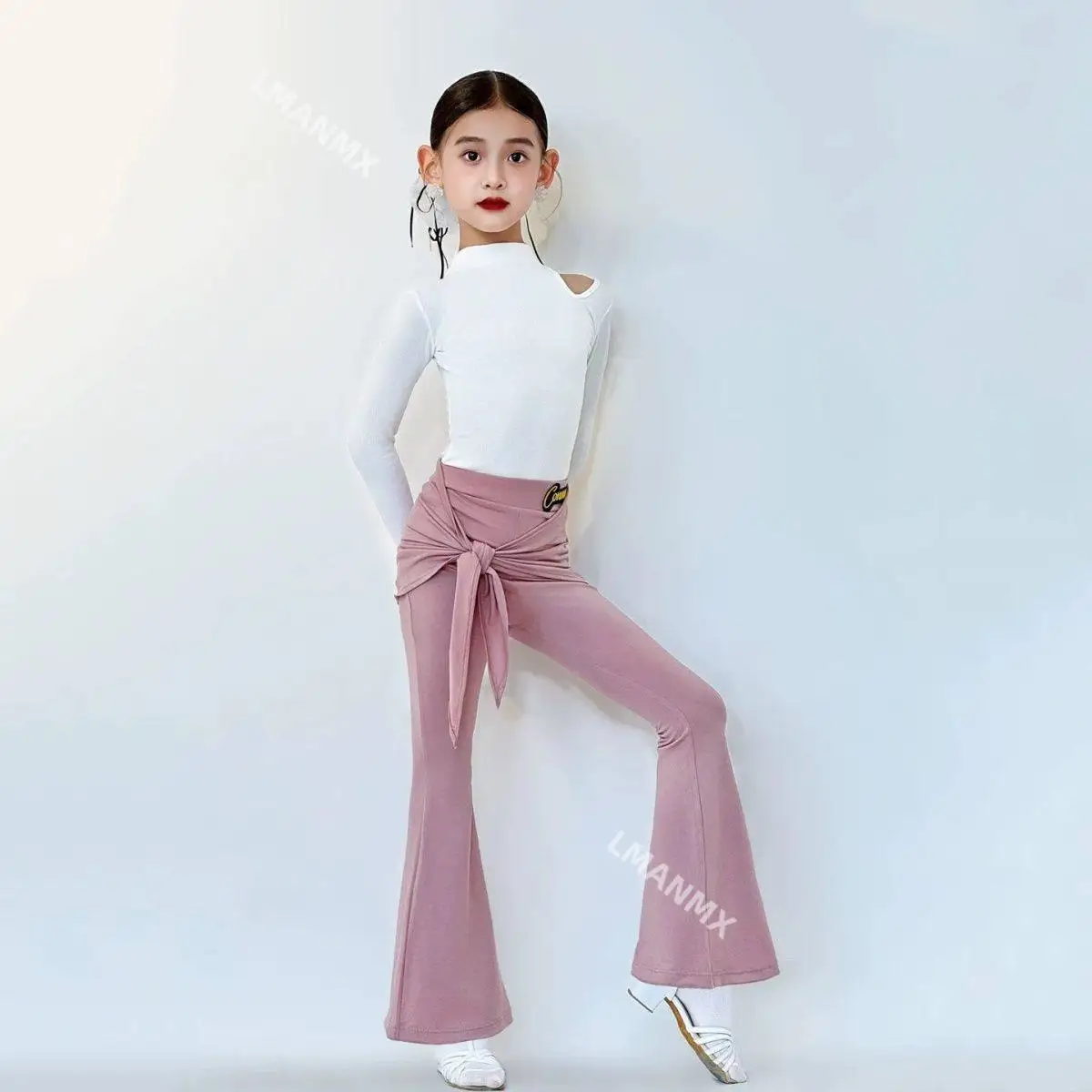 Latin dance training clothes, children's dance practice clothes, long pants with micro horns, black long sleeved top set
