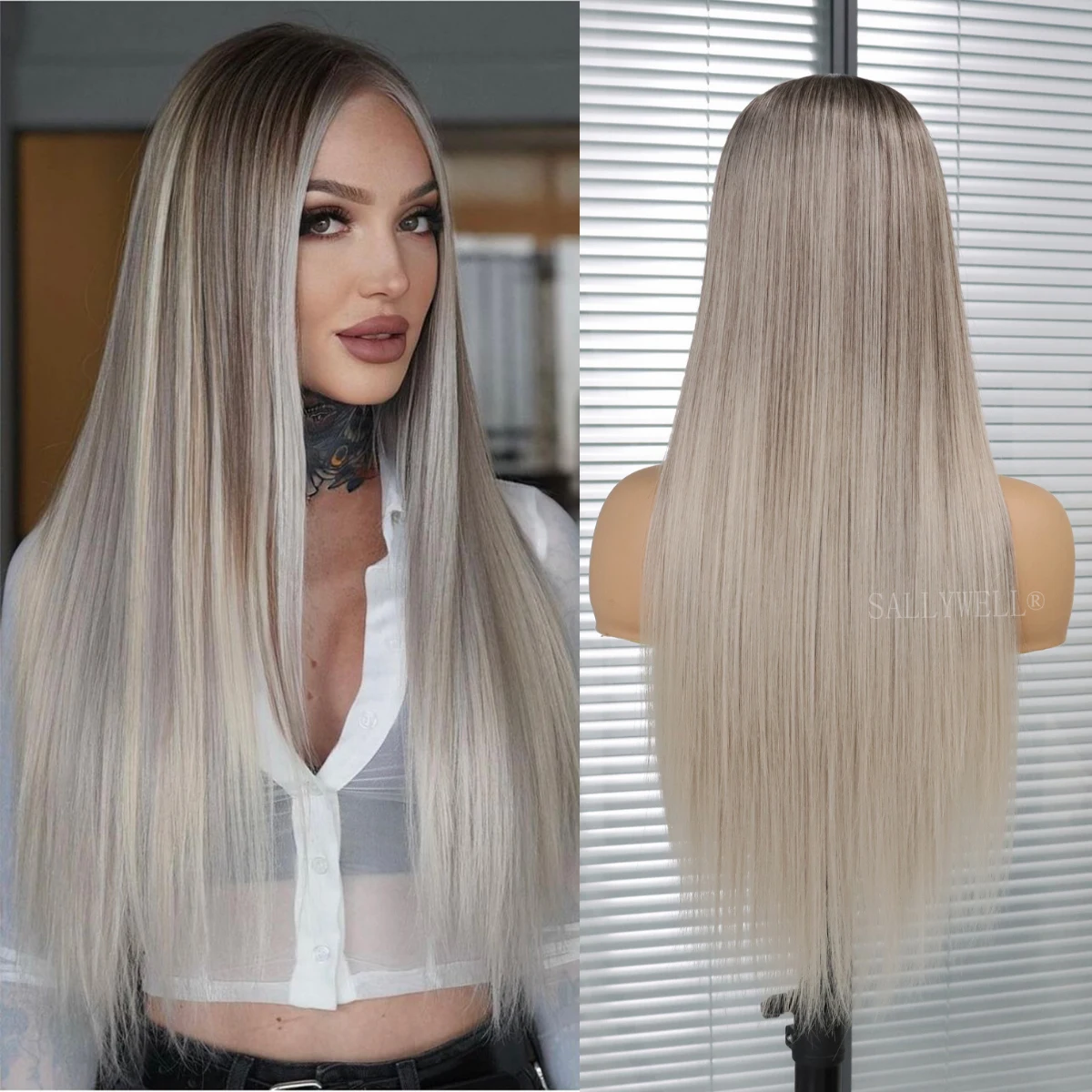 13x4 Silver Grey Straight Lace Front Wig Layered Synthetic Hair Wig with Dark Roots Glueless Heat Resistant Fiber Hair Wig