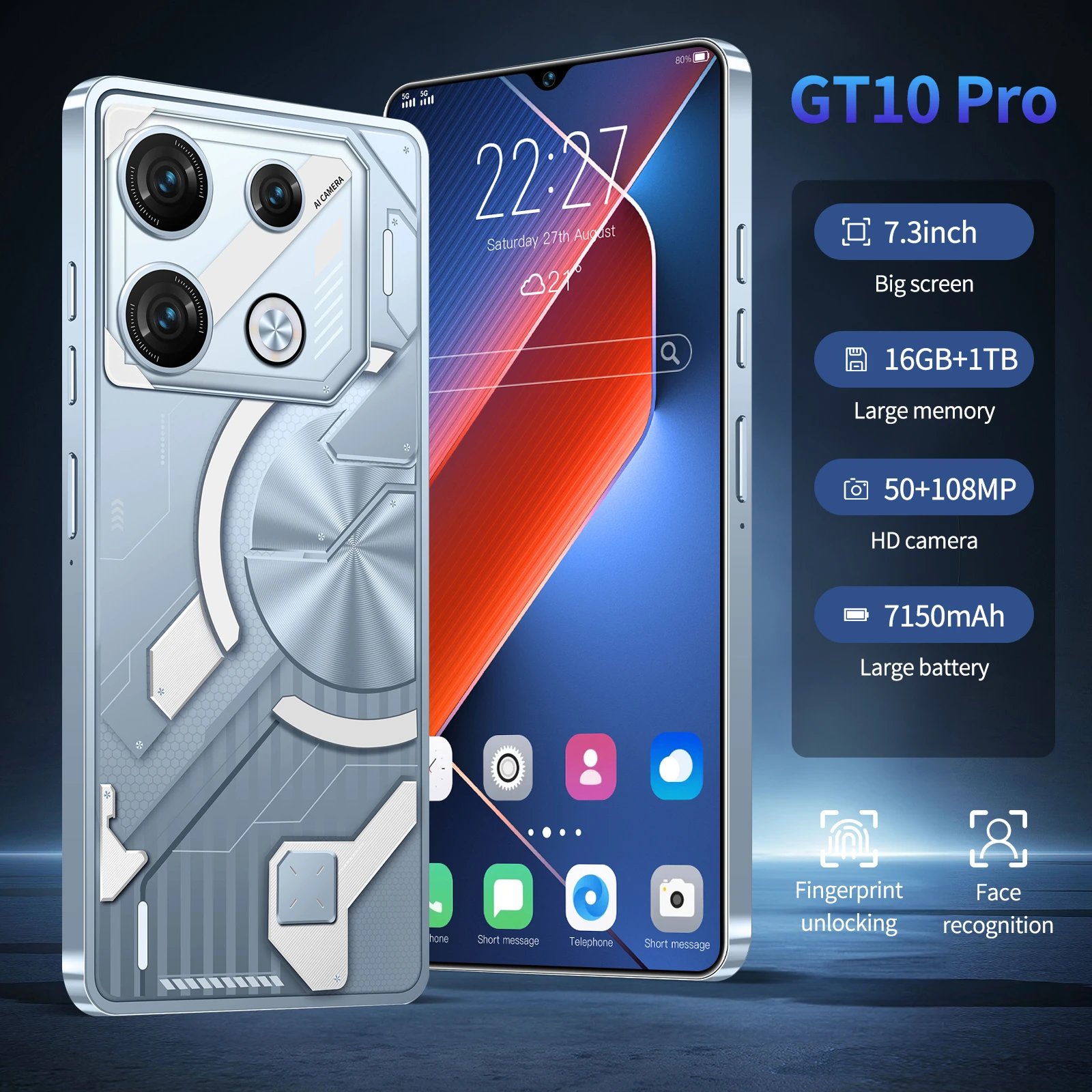 Mobile Phones GT10 Pro 7.3 HD Screen SmartPhone Original 5G Dual Sim Celular Snapdragon8 Gen3 Unlocked Cell Phone Global Version