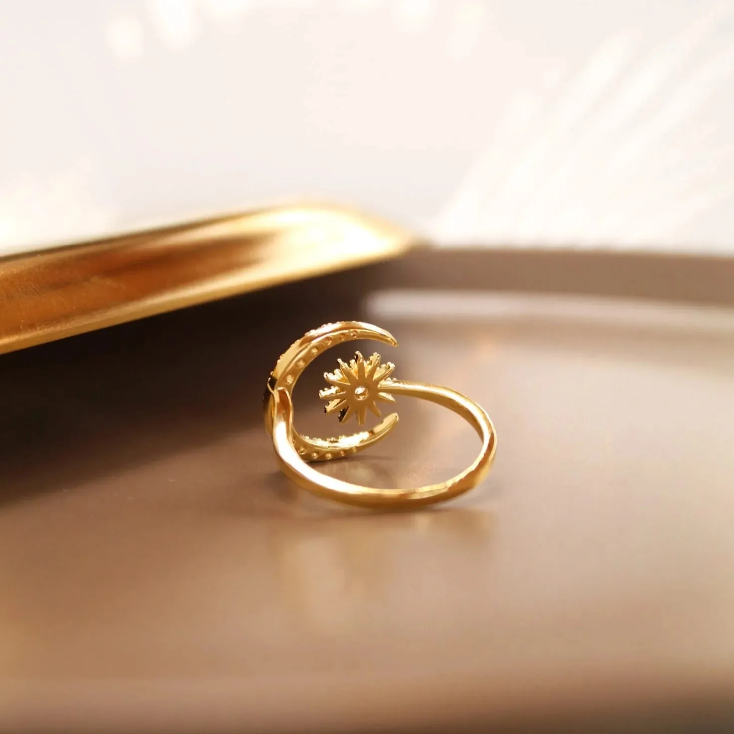 18K Yellow Gold Plated Female Niche Design Geometric Moon Sunflower Open Copper Adjustable Sun Rings